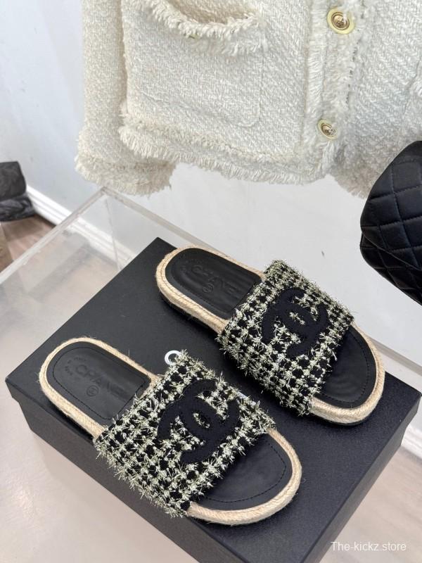 2025 CHANEL Black White Tweed Slippers