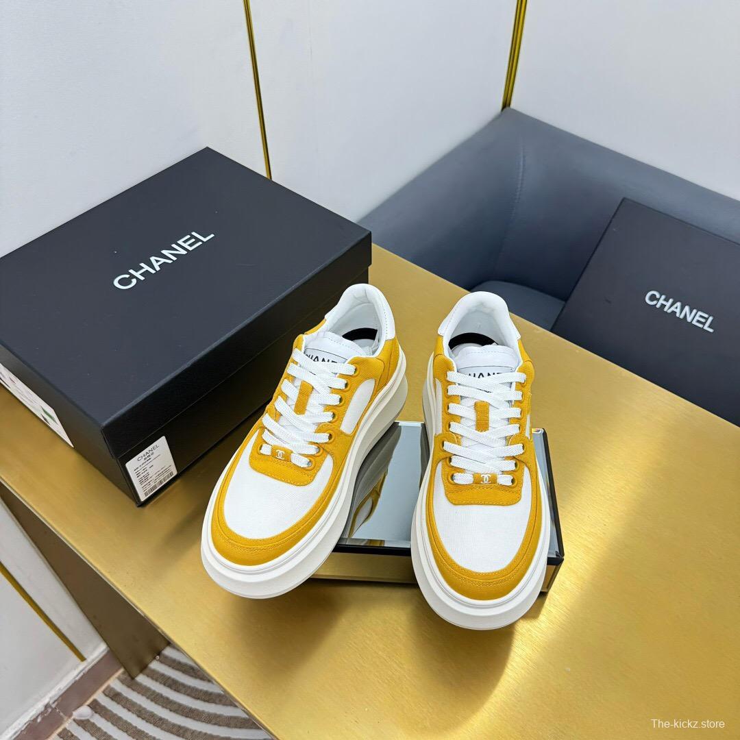 2025 Women Chanel Yellow White Canvas Leather Platform Sneakers