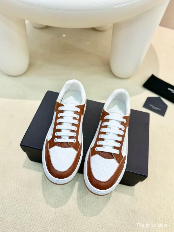2024 Unisex Yves Saint Laurent White Brown Leather Canvas Sneakers MJ00350