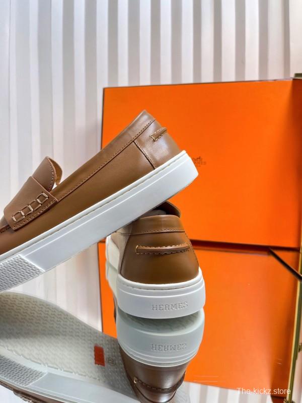 2025 Unisex Hermès Brown Leather Fabric Loafers Slip-On LY00310(F)/LY00320(M)