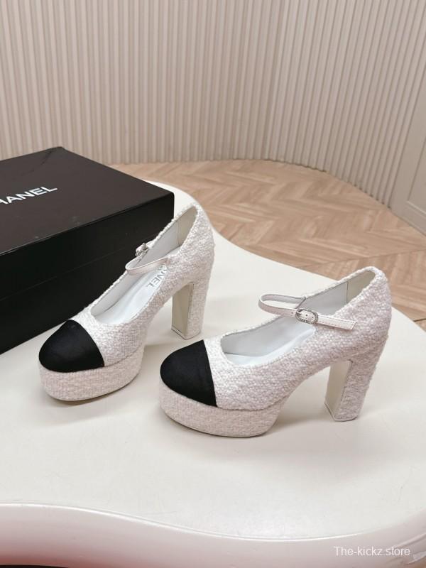 2025 Women Chanel White Black Tweed Platform High Heels
