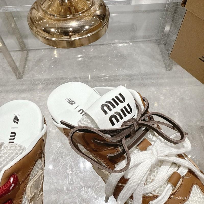 2025 Women Miumiu Brown White Leather Mesh Sneakers