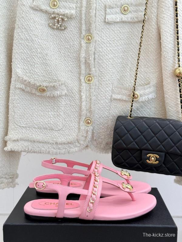 2025 Women Chanel Pink Lambskin Sandals CC Logo KFY00250