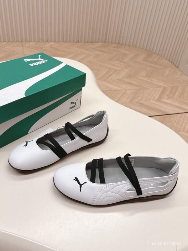 2025 Women Puma White Black Leather Ballet Flat LY