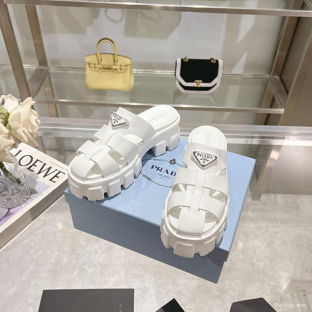 2025 Women Prada White Leather Slippers LY00250