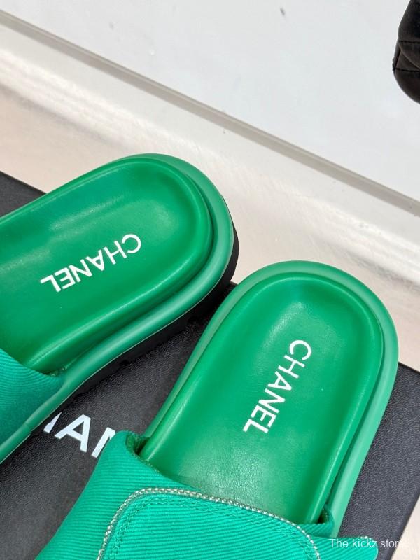 2025 Slippers Chanel Green Canvas Women Slippers KFY00220