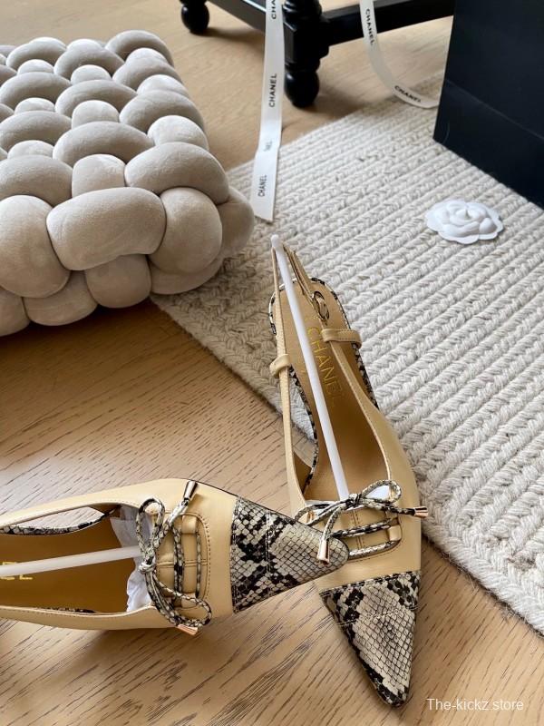 2025 Women Chanel Beige Snake Leather Heels KFY00320