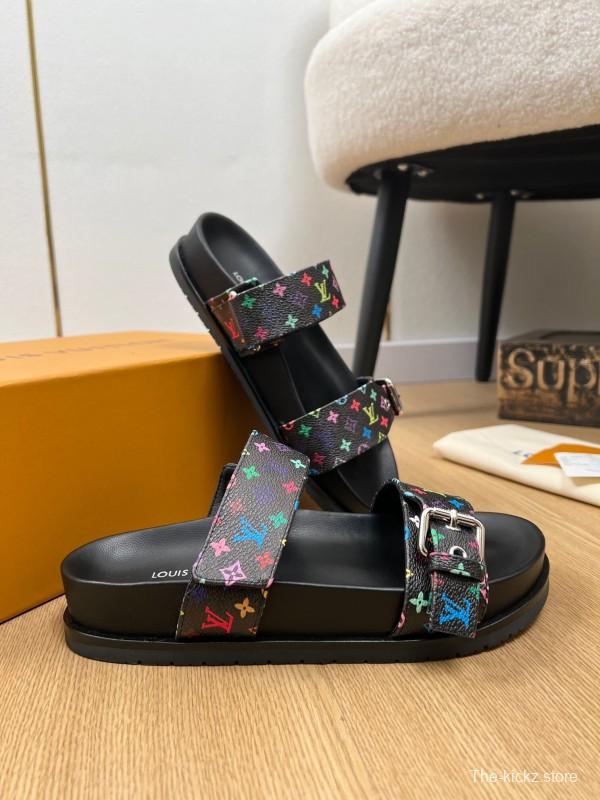 2025 Women Louis Vuitton Black Rainbow Canvas Slippers KFY00280