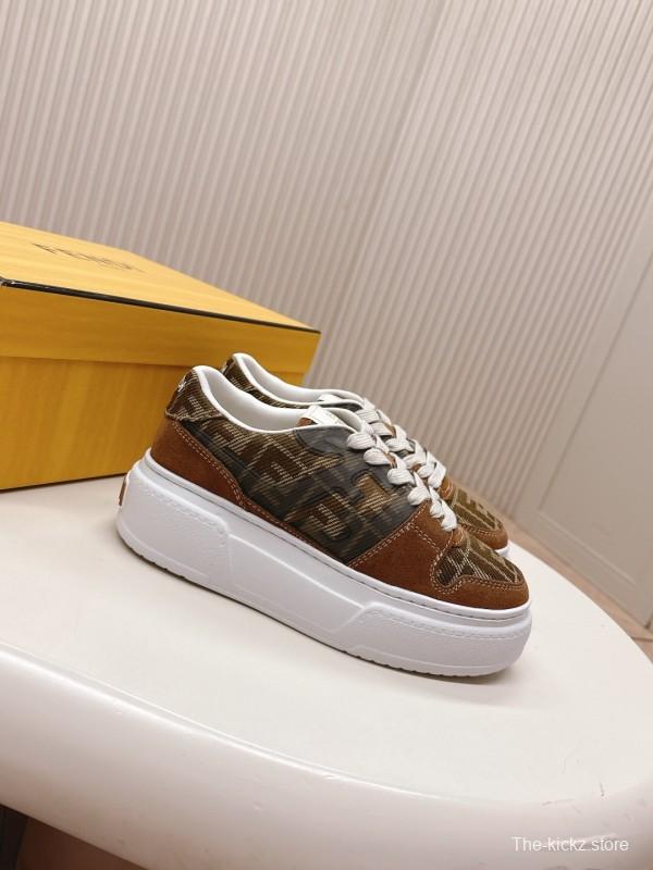 2025 Women Fendi Brown Leather Canvas Sneakers