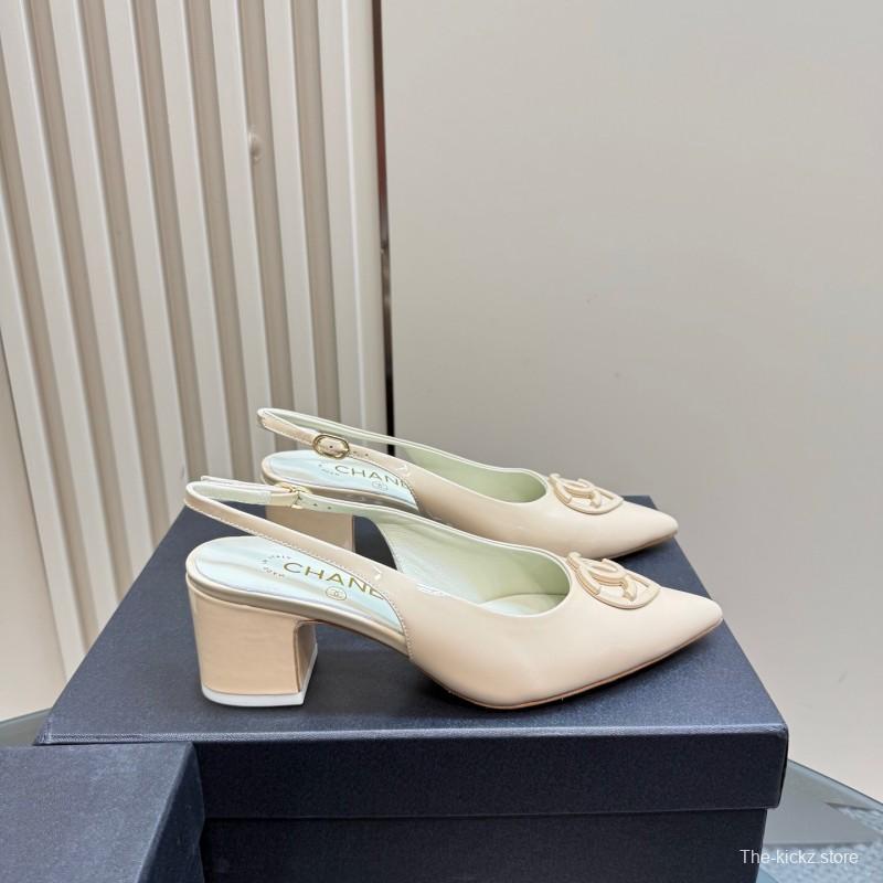2025 Women Chanel Beige Patent Leather Slingback Heels