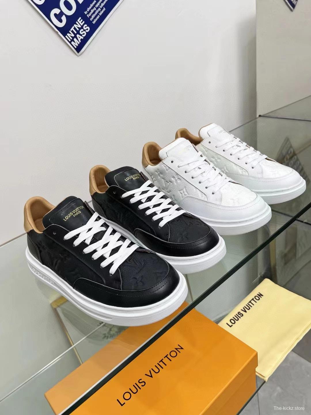 2024 Unisex Louis Vuitton Black Beige Leather Sneakers