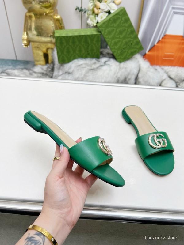 2025 Women Gucci Green Leather Flat Heel Slippers Double G Buckle MJ00190
