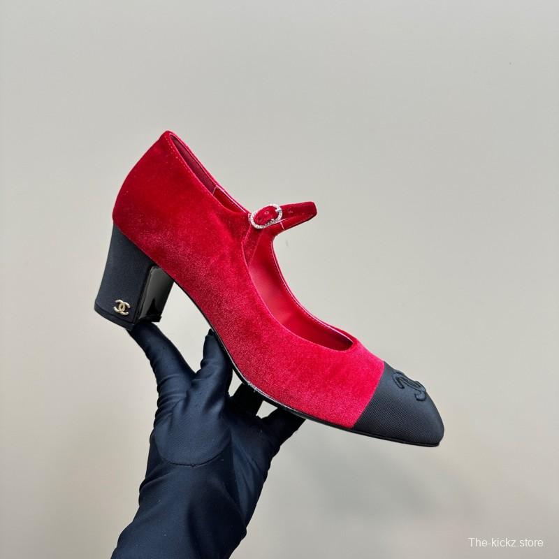 2025 Women Chanel Red Black Suede Leather Mary Jane Logo KFY00290