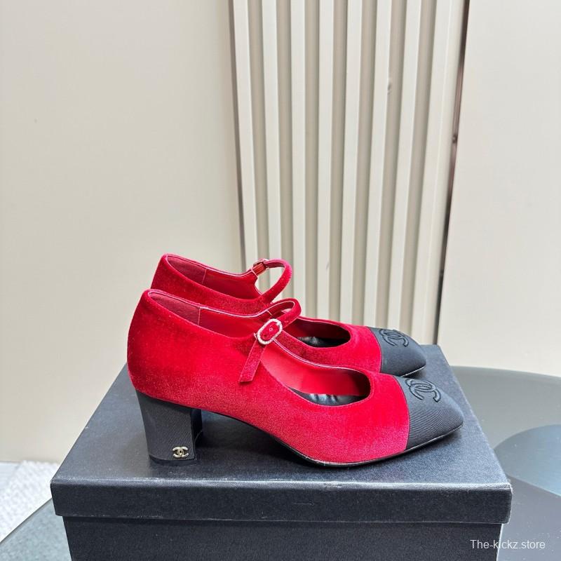 2025 Women Chanel Red Black Suede Leather Mary Jane Logo KFY00290