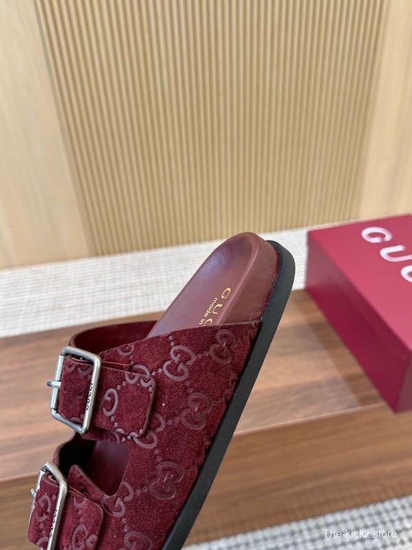 2025 Women Gucci Red Suede Leather Sandals Double Buckle LY00260