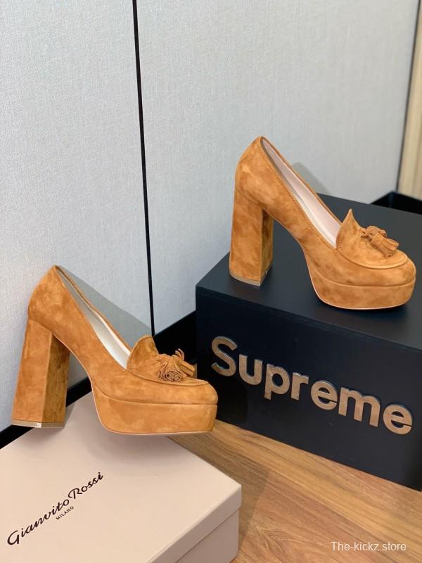 2025 Women Gianvito Rossi Brown Suede Platform Tassel Loafer