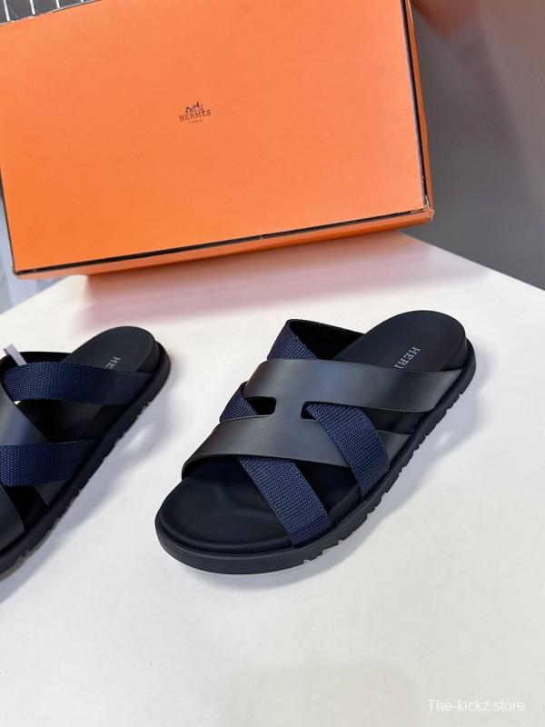 2025 Unisex Hermès Black Leather Fabric Slippers