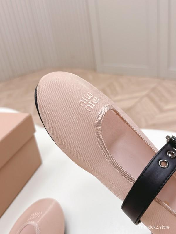 2025 Women Miu Miu Pink Black Fabric Leather Ballet Flats