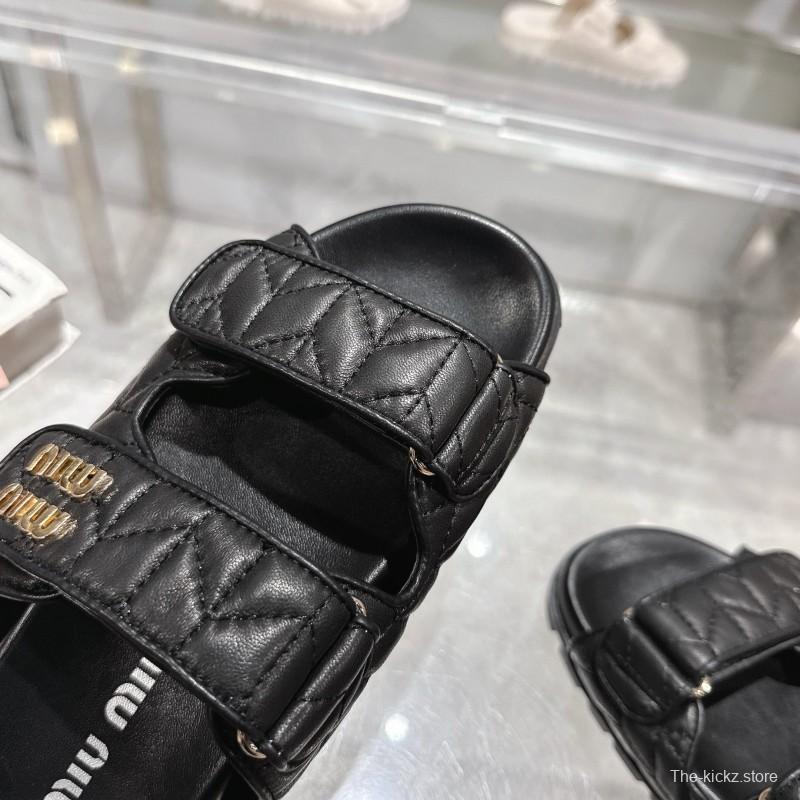 2025 Women Miu Miu Black Leather Slide Sandals