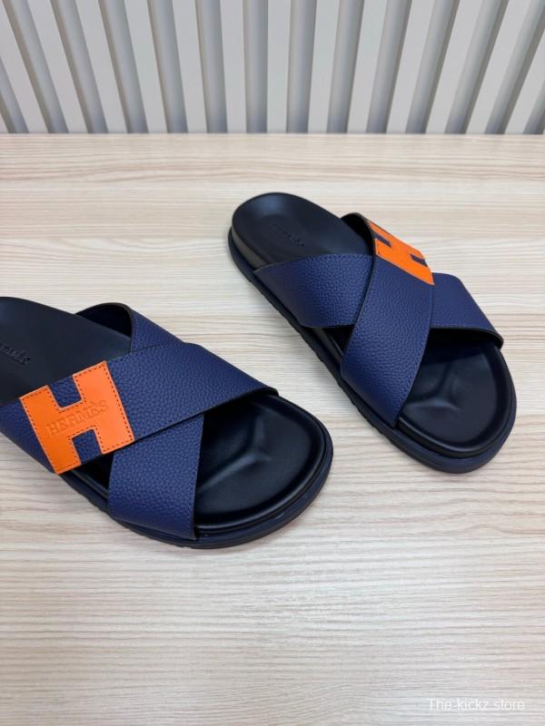 2025 Slippers Hermès Navy Orange Leather Cross Strap
