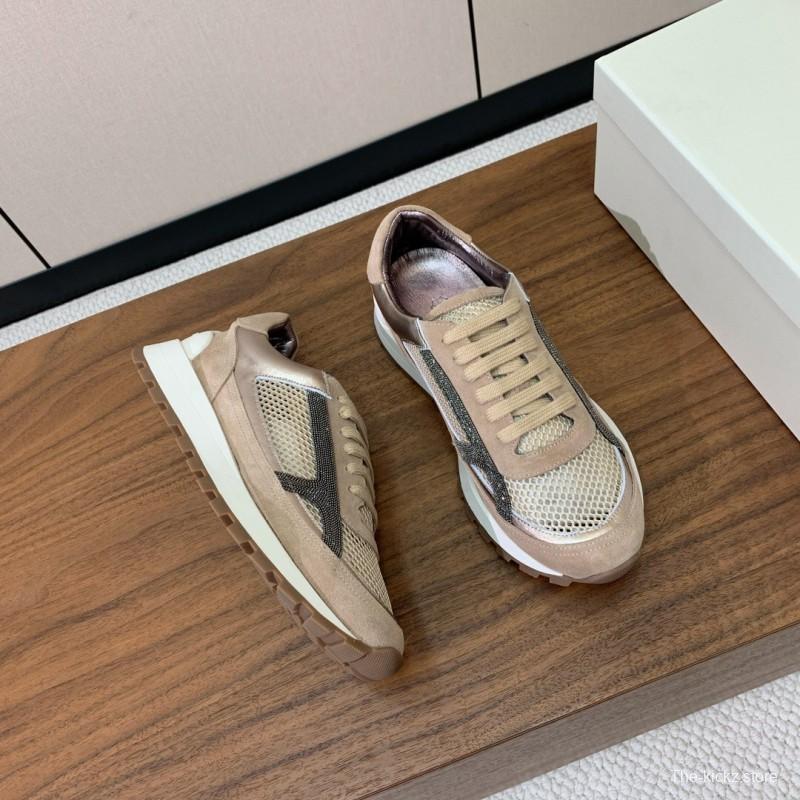 2025 Unisex Brunello Cucinelli Beige Black Mesh Suede Sneakers