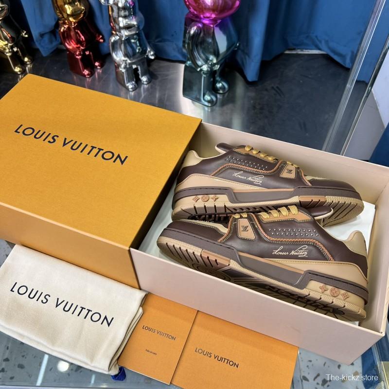 2025 Unisex Louis Vuitton Brown Beige Leather LV Trainer