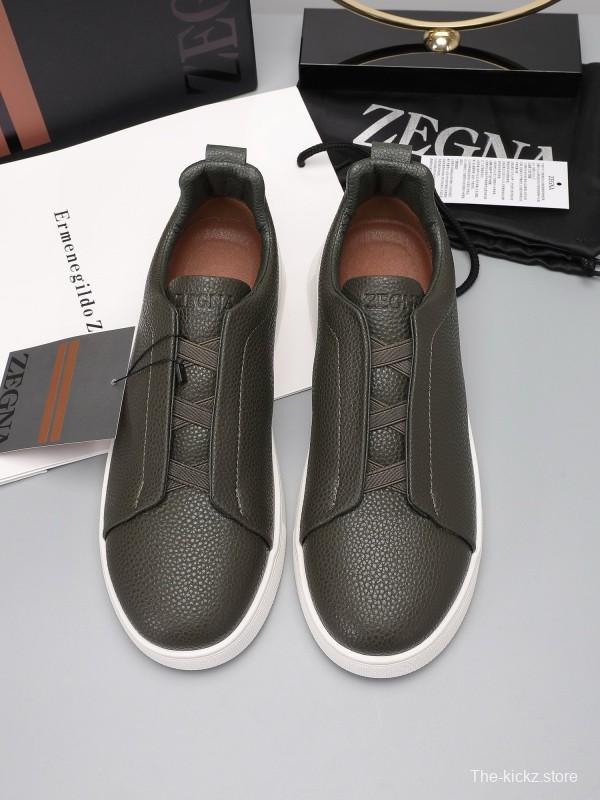 2024 Men Ermenegildo Zegna Dark Green Leather Sneakers MJ00240