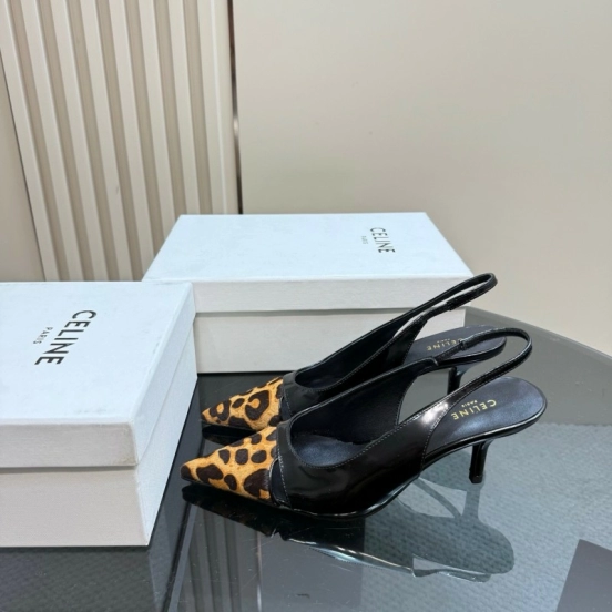 2025 Women CELINE Black Leopard Print Patent Leather Slingback Pumps