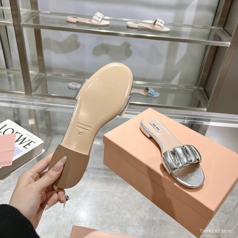 2025 Women Miumiu Silver Metallic Leather Slippers