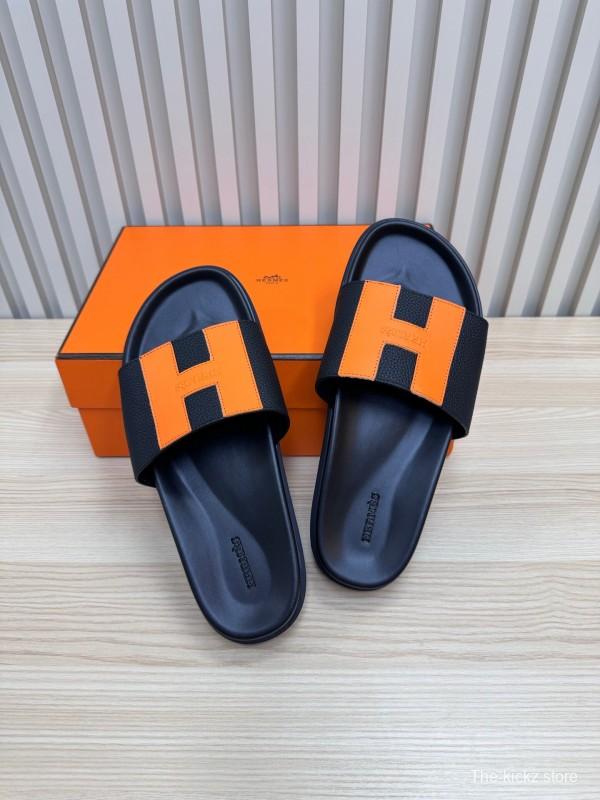2025 Women Hermès Black Orange Leather Slippers
