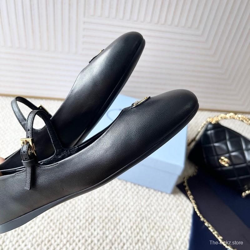 2025 Women Prada Black Leather Mary Jane Flat