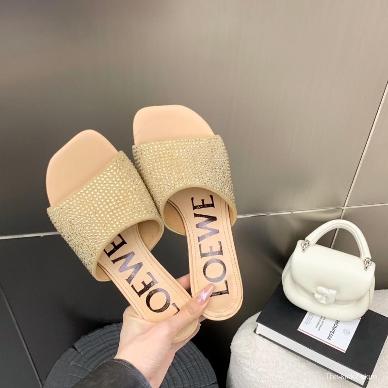2025 Women Loewe Beige Rhinestone Leather Slippers LY00240
