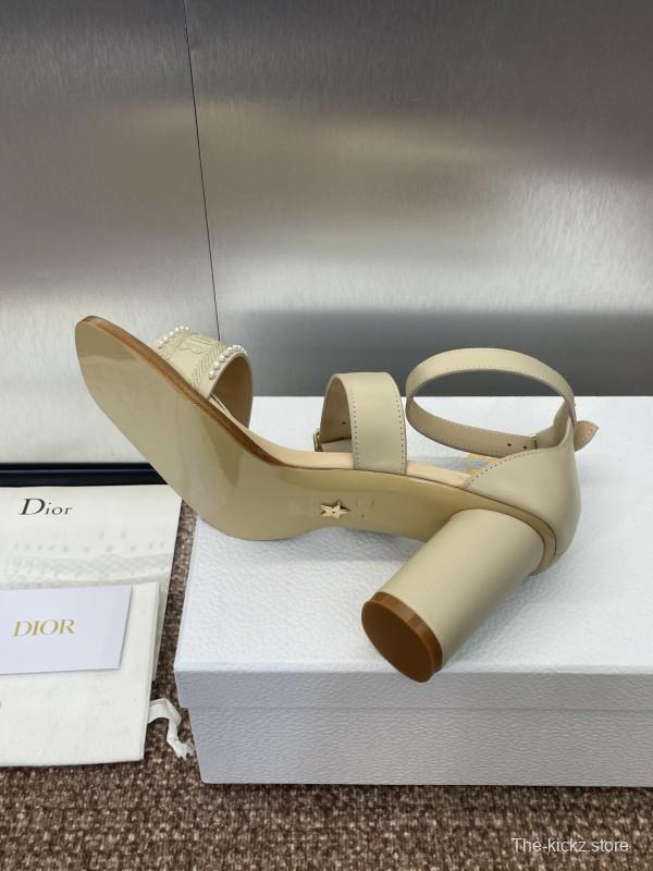 2025 Women Dior Beige Leather Sandals Ankle Strap KFY00320