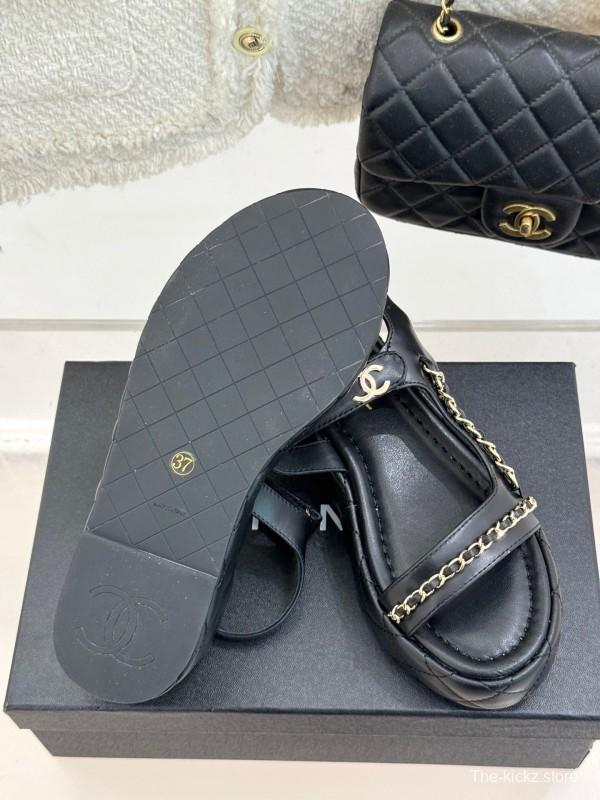 2025 Women Chanel Black Lambskin Platform Sandals Chain KFY00270