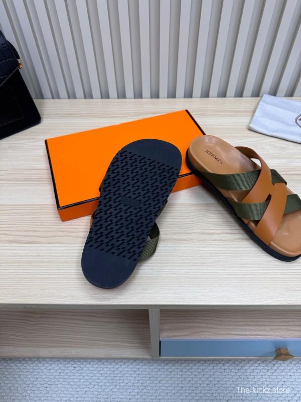 2025 Slippers Hermès Brown Green Leather Fabric Slippers