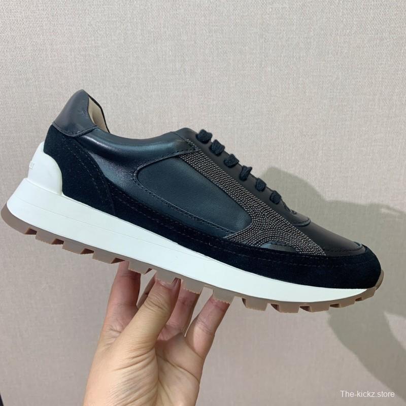 2025 Unisex Brunello Cucinelli Black Brown Leather Suede Sneakers LY