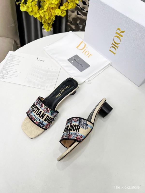 2025 Women Dior Black Beige Embroidery Mid Heel Slippers