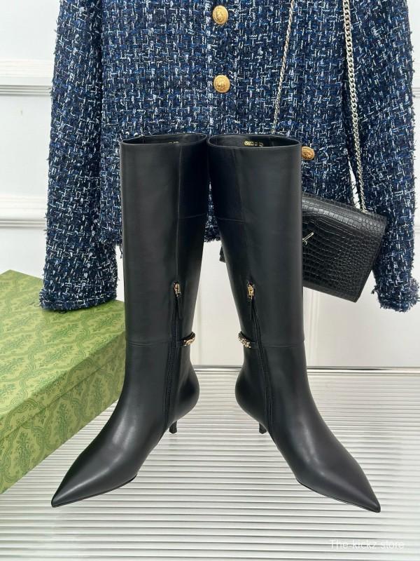 2024 Women YSL Black Leather Boots Chain Detail