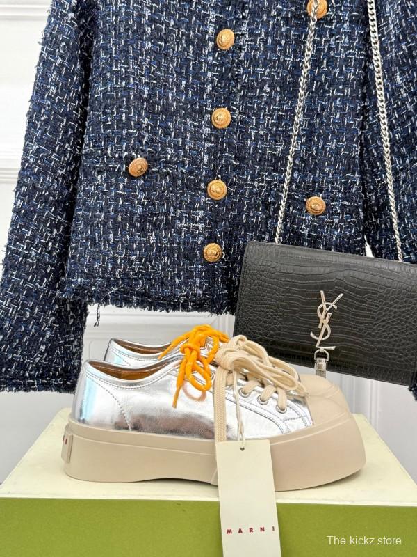 2025 Women Marni Silver Leather Thick Sole Retro Style Platform Sneakers LY00360(F)