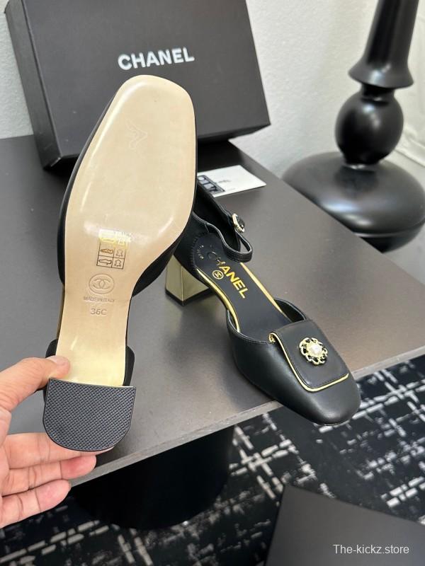 2025 Women CHANEL Black Leather Block Heel Metal Accent LY00360