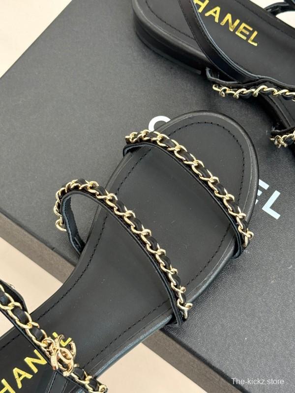 2025 Women Chanel Black Leather Slingback Sandals Chain KFY00270