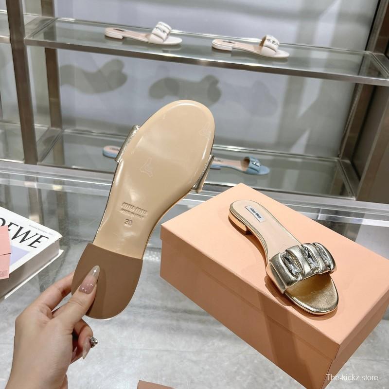 2025 Women Miumiu Metallic Leather Slippers