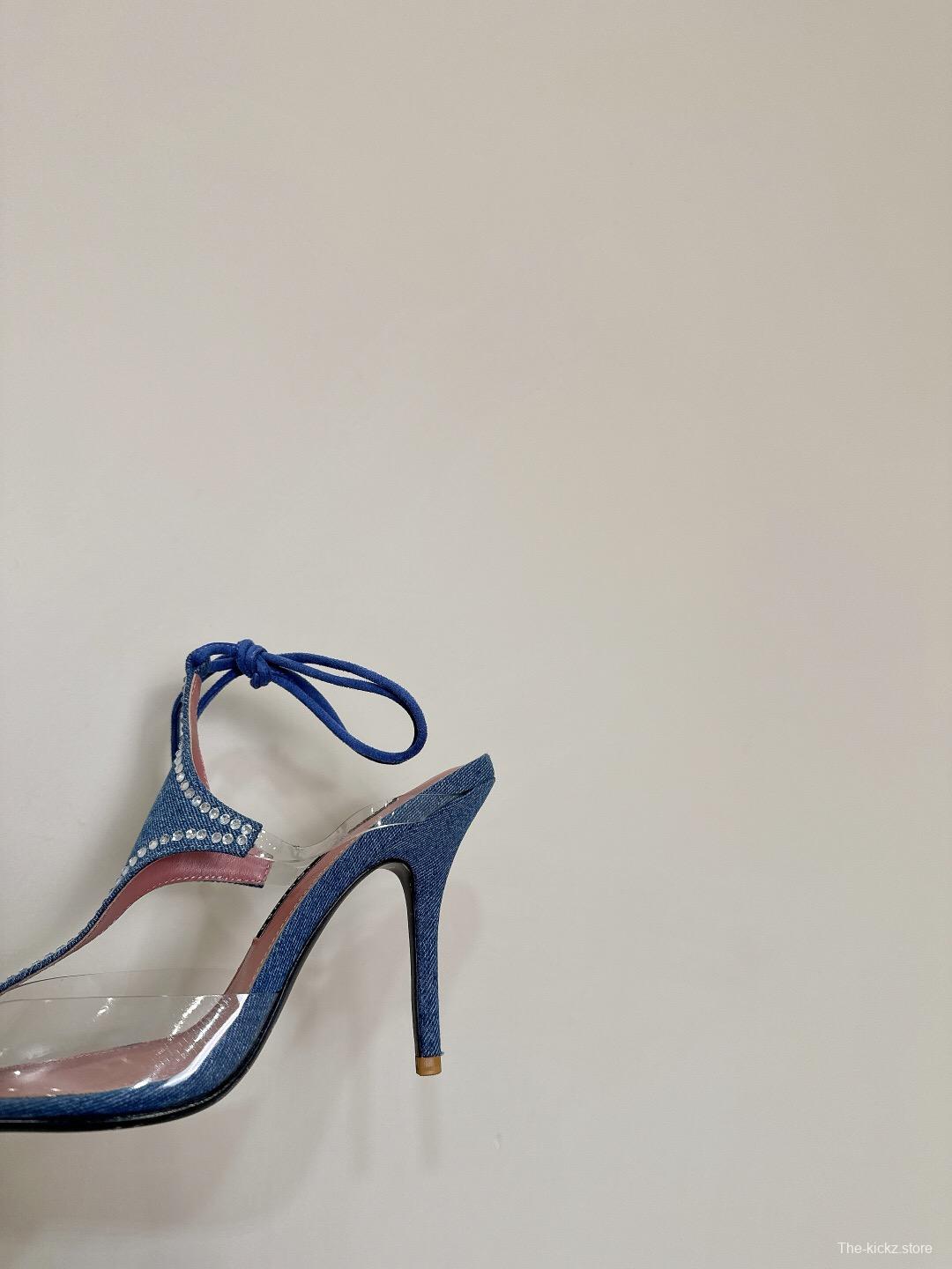 2025 Women Les Petits Joueurs Blue Denim Satin Leather Heels KFY00290