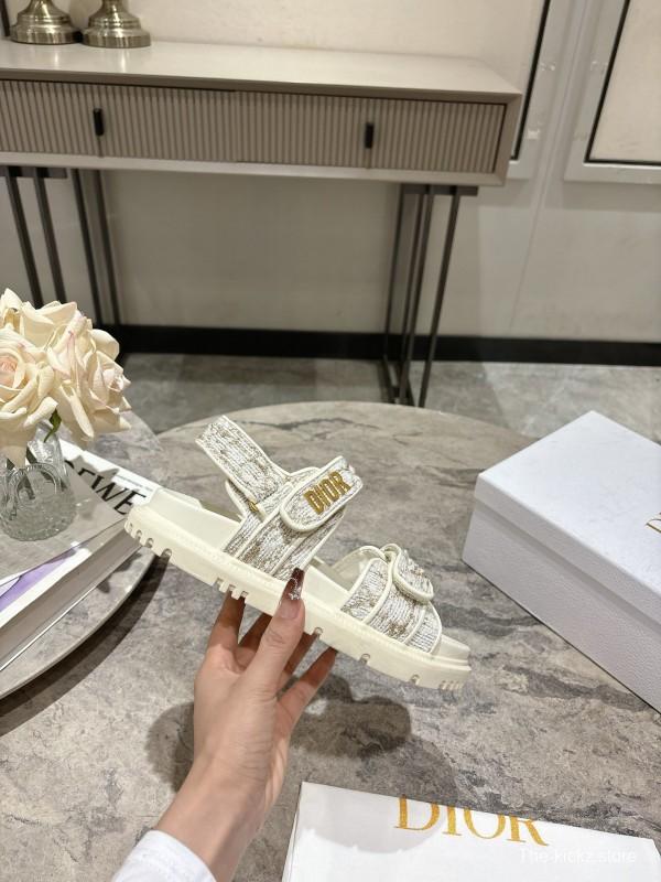 2025 Women Dior White Fabric Leather Sandals KFY00300