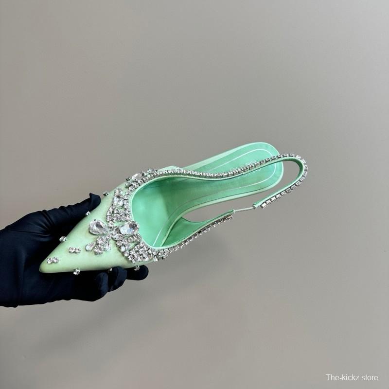 2025 Women Gucci Light Green Satin High Heel Slingback Rhinestone MJ00340