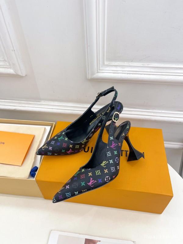 2025 Women Louis Vuitton Black Multicolor Leather Slingback Heels KFY00280