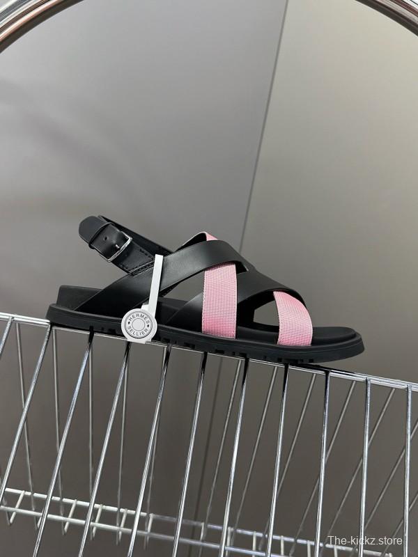 2025 Women Hermès Pink Black Leather Sandals