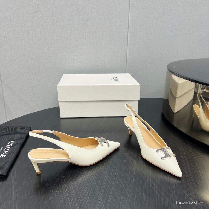 2025 Women Celine White Patent Leather Kitten Heel Pointed Toe Trimed KFY00290