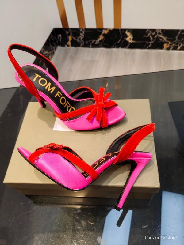 2025 Women TOM FORD Pink Red Velvet Silk High Heel Open Back Sandals