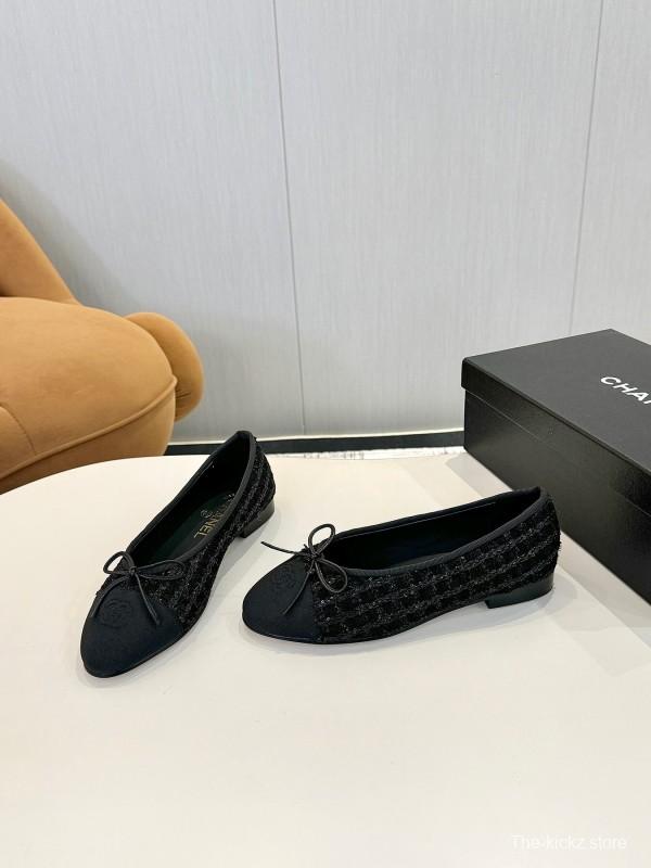 2025 Women Chanel Black Wool Ballet Flats LY00250